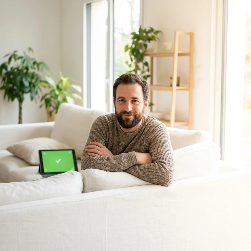 Client IPTV Premium Paris satisfait - homme souriant sur canapé avec tablette, garantie remboursement 30 jours