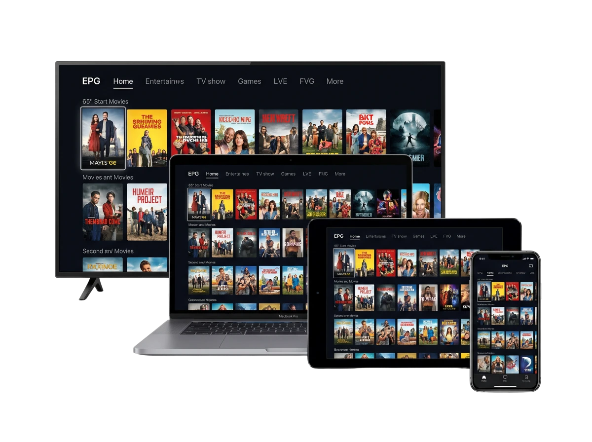 IPTV Premium Paris multi-écrans - Smart TV, laptop, tablette et smartphone affichant +97k chaînes & VOD HD 4K
