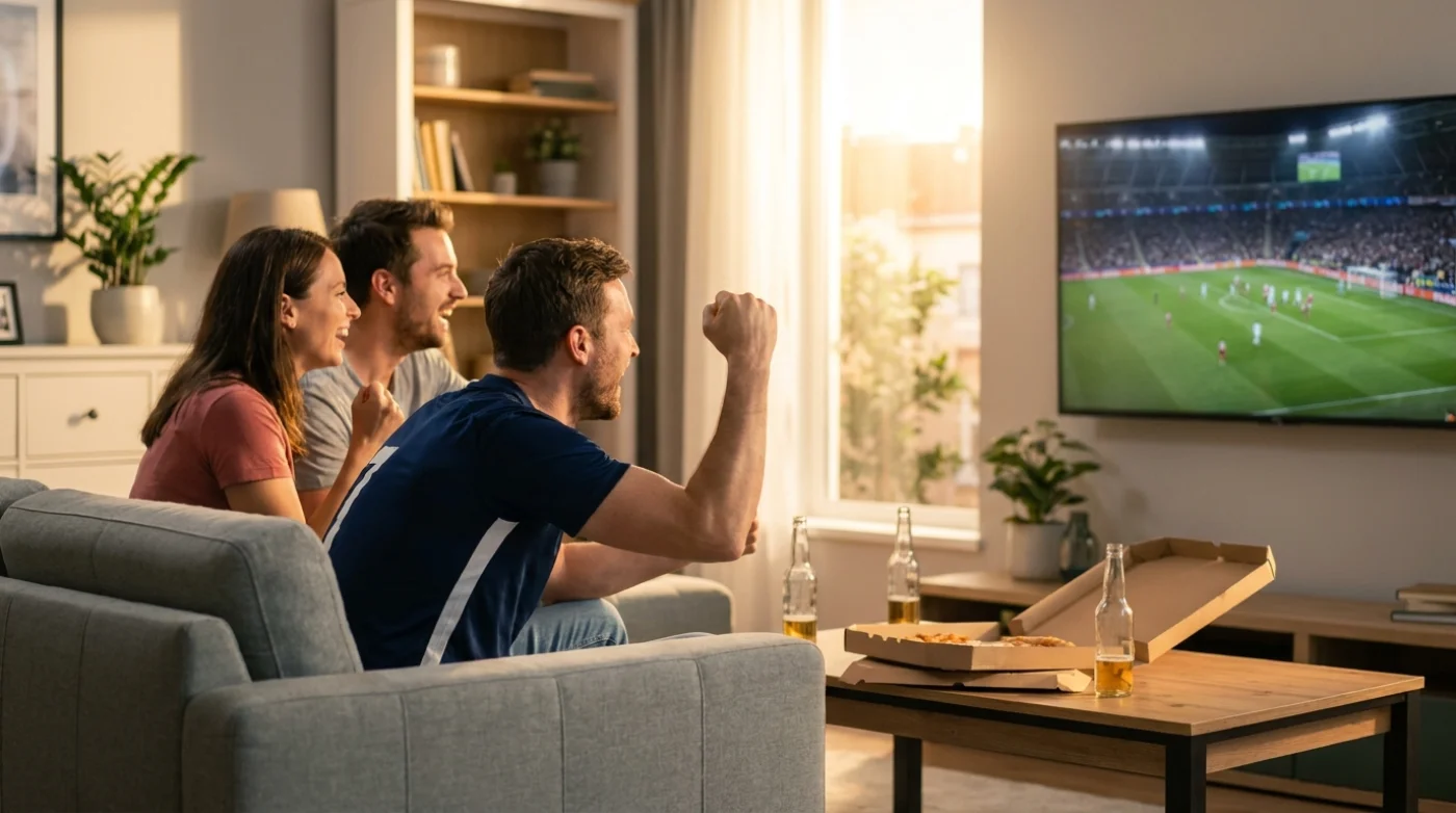 IPTV Premium Paris - Amis regardant le sport en direct sur grand écran, expérience streaming live