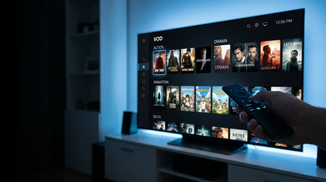 IPTV Premium Paris VOD - Catalogue films et séries en HD 4K sur grand écran via télécommande